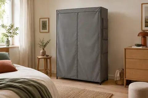 Armoire penderie portable en tissu gris avec poches latérales, installée dans une chambre lumineuse.