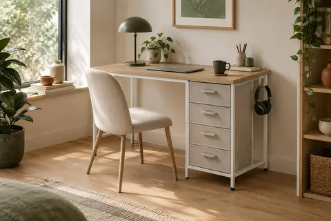 Bureau blanc compact avec quatre tiroirs en tissu et structure métallique dans un intérieur lumineux
