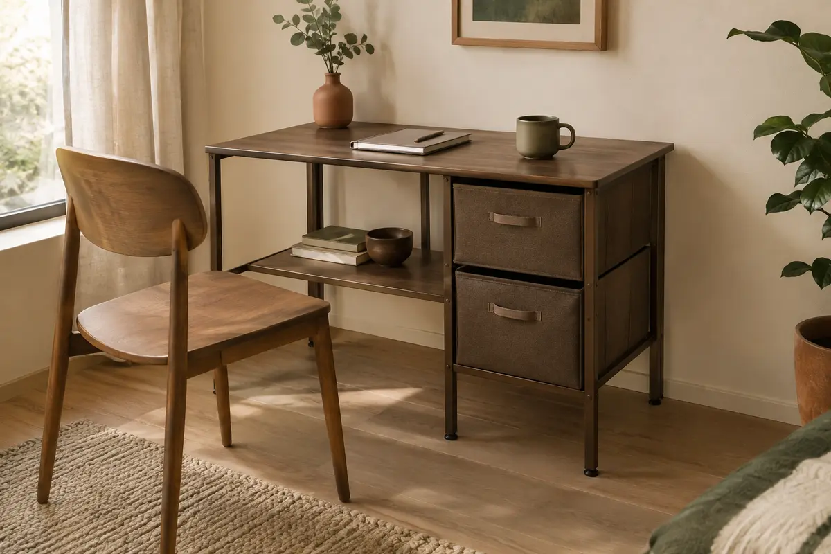 Bureau marron compact avec structure métallique, deux rangements en tissu et une étagère sous le plateau