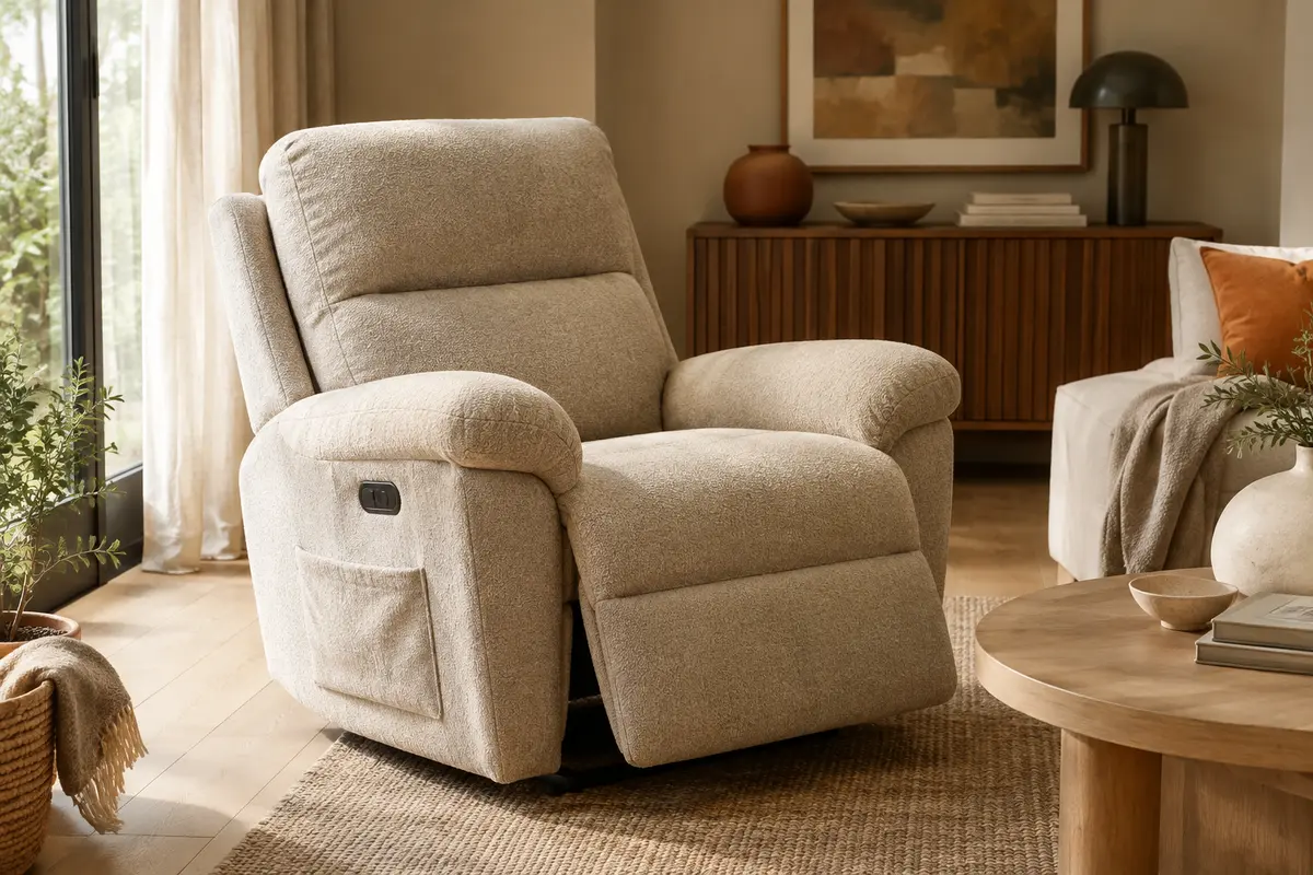 Fauteuil relax électrique beige en chenille, incliné dans un salon lumineux avec ses poches latérales visibles.