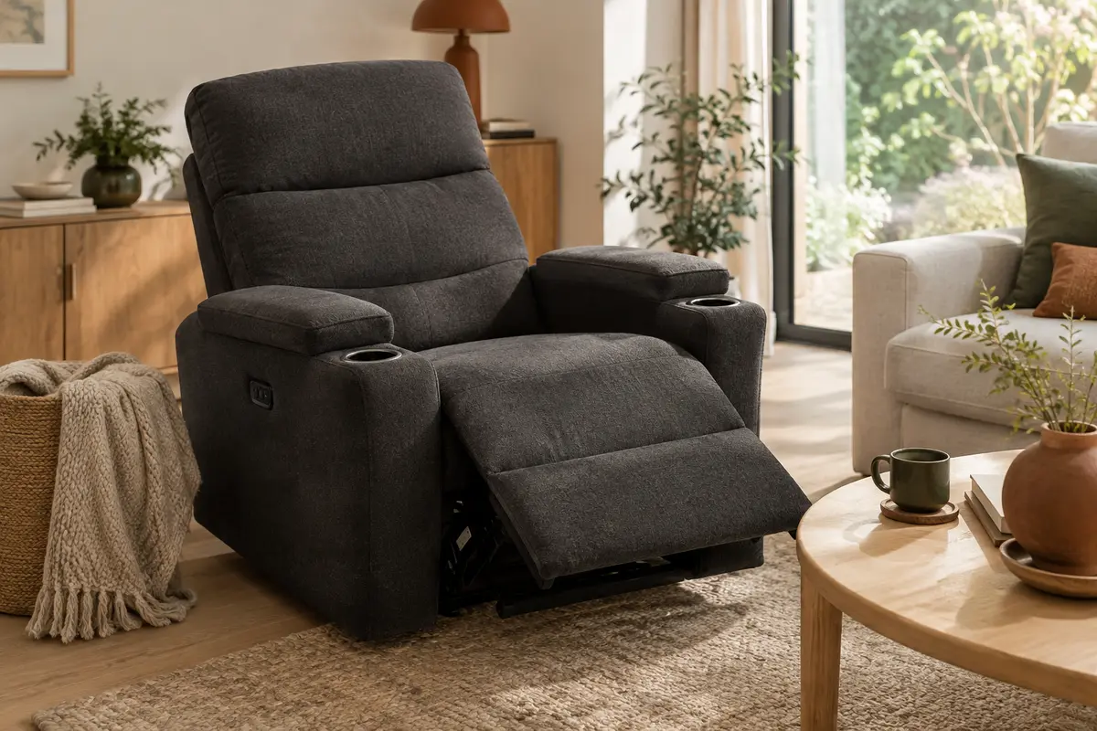Fauteuil relax électrique gris foncé en tissu, repose-pieds déployé dans un salon chaleureux