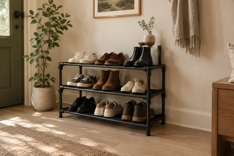 Étagère à chaussures noire à trois niveaux en acier, installée dans une entrée avec des paires rangées