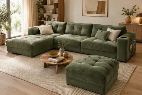 Canapé modulable en velours vert clair avec méridienne, pouf et porte-gobelet dans un salon chaleureux