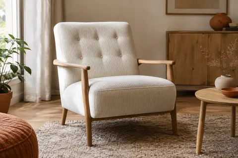 Fauteuil blanc cassé en velours côtelé avec accoudoirs en bois, installé dans un salon lumineux.
