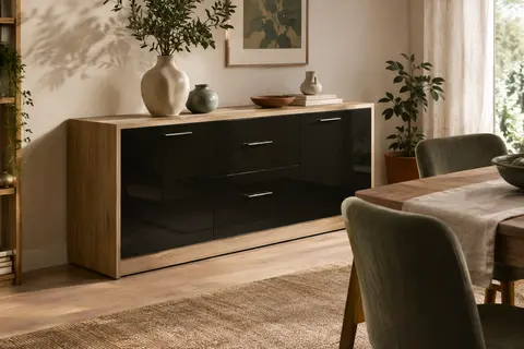 Buffet Roque noir brillant et sonoma mat avec deux portes et deux tiroirs dans une salle à manger.