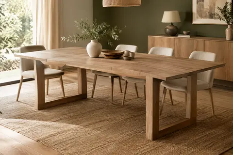 Table à manger extensible au décor chêne rustique, déployée dans une salle à manger chaleureuse