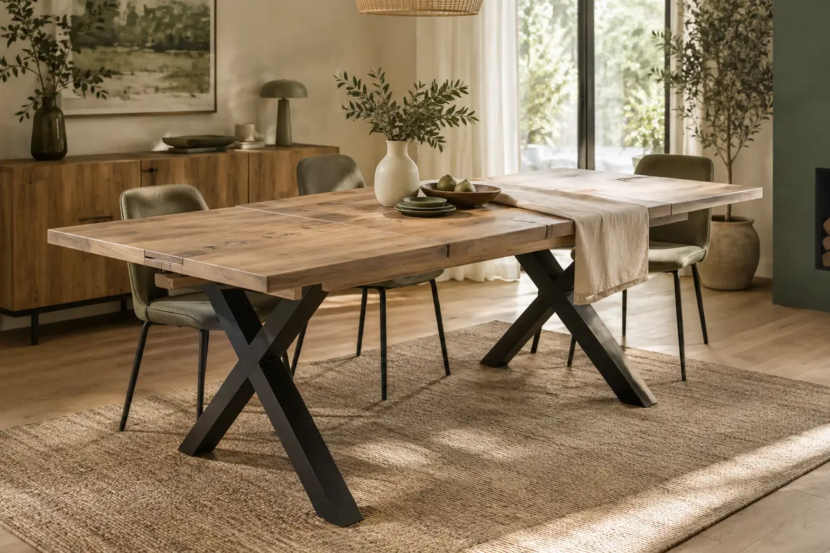 Table extensible au décor chêne rustique avec pieds croisés noirs, dans une salle à manger lumineuse