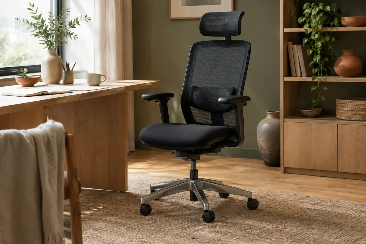 Chaise de bureau noire NOBLEWELL avec dossier en maille, appui-tête réglable et base à roulettes