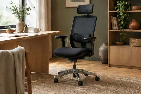 Chaise de bureau noire NOBLEWELL avec dossier en maille, appui-tête réglable et base à roulettes