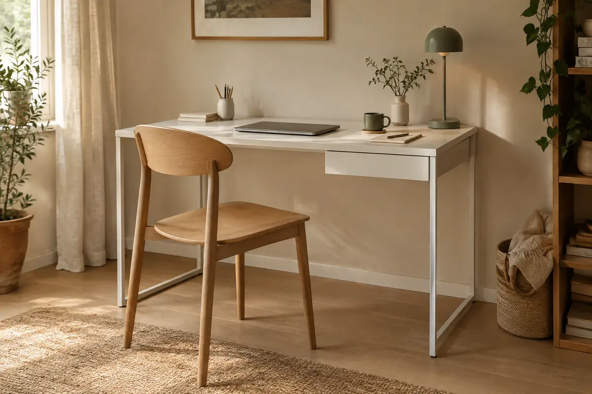Bureau d’ordinateur blanc ODK avec tiroir et pieds métalliques réglables dans un intérieur lumineux