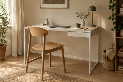 Bureau d’ordinateur blanc ODK avec tiroir et pieds métalliques réglables dans un intérieur lumineux