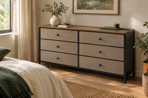 Commode noire ODK à huit tiroirs en tissu, avec plateau en bois et prises USB et secteur intégrées.