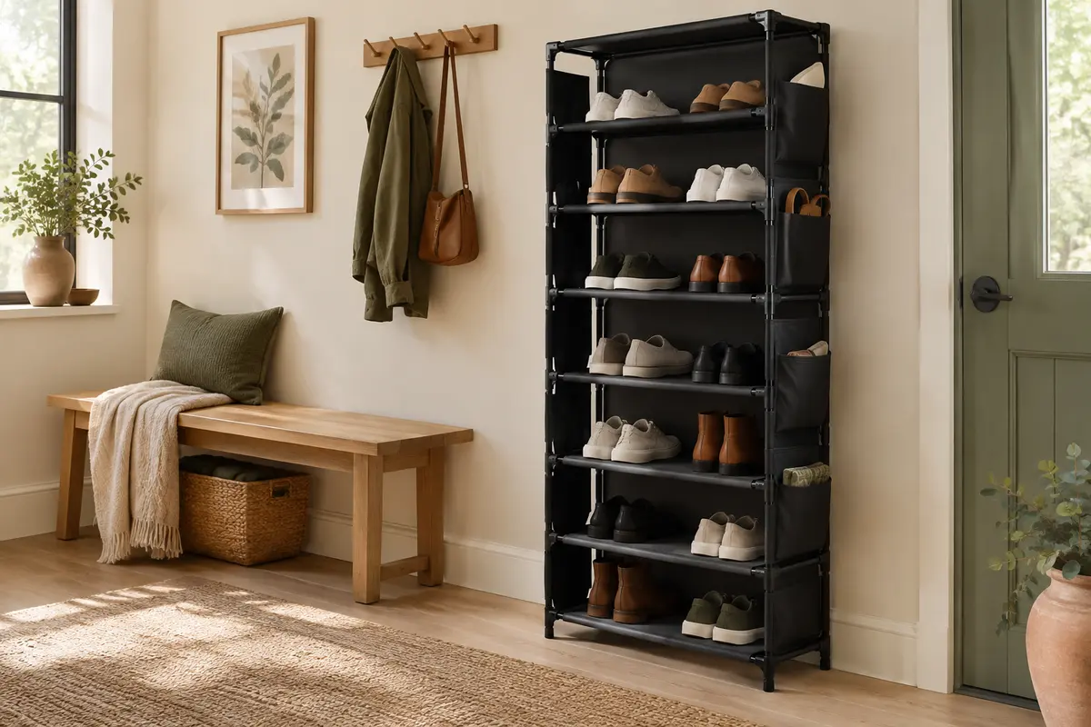 Étagère à chaussures noire à sept niveaux avec poches latérales, installée dans une entrée lumineuse