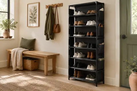 Étagère à chaussures noire à sept niveaux avec poches latérales, installée dans une entrée lumineuse