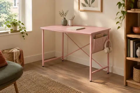Bureau compact rose avec plateau rectangulaire, pochette latérale, crochet pour casque et pieds métalliques.