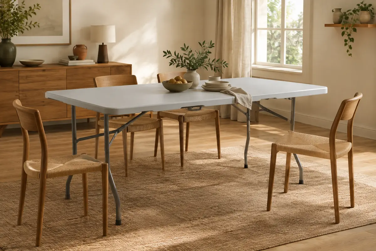 Table pliante rectangulaire au plateau gris clair et aux pieds en acier, installée dans une salle à manger lumineuse.