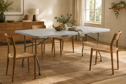 Table pliante rectangulaire au plateau gris clair et aux pieds en acier, installée dans une salle à manger lumineuse.