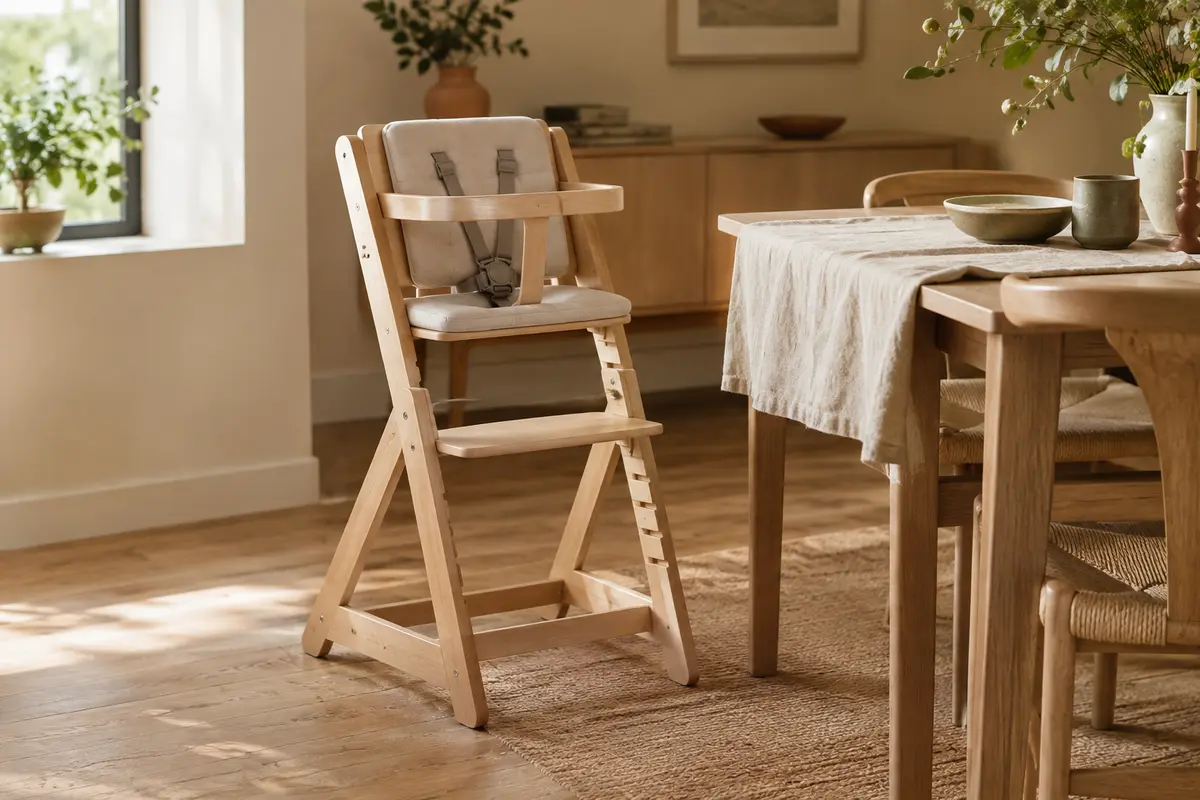 Chaise haute évolutive roba en bois naturel avec arceau et harnais, installée près d’une table