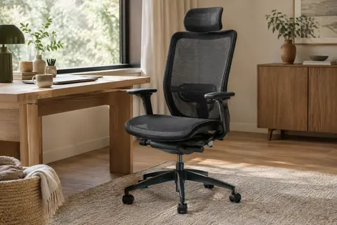 Chaise de bureau SIHOO noire en maille, avec dossier haut, appui-tête réglable et piètement à roulettes