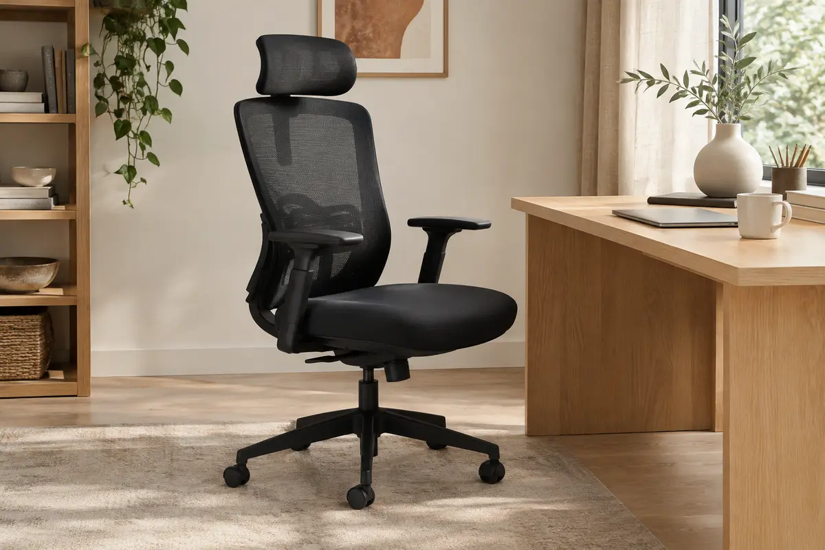 Chaise de bureau SIHOO M18 noire avec dossier en maille, assise rembourrée, appui-tête et accoudoirs réglables.