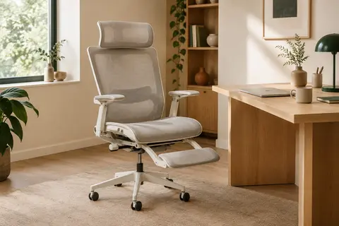 Fauteuil de bureau SIHOO blanc cassé en maille, avec appui-tête, accoudoirs réglables et repose-pieds