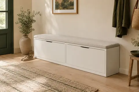 Banc à chaussures blanc SoBuy avec assise rembourrée et deux compartiments à abattant dans une entrée