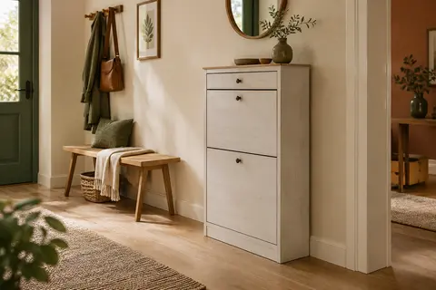 Meuble à chaussures SoBuy blanc vintage à deux abattants et tiroir, installé dans une entrée lumineuse