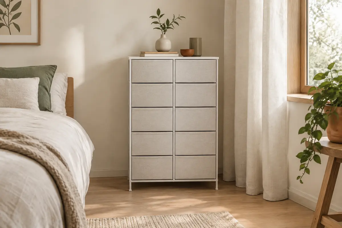 Commode blanche Somdot à huit tiroirs en tissu, présentée dans une chambre lumineuse au décor sobre.