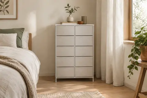 Commode blanche Somdot à huit tiroirs en tissu, présentée dans une chambre lumineuse au décor sobre.