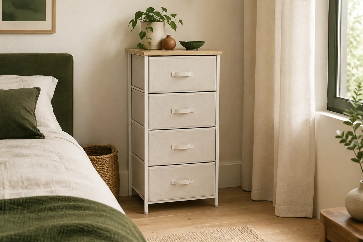 Commode blanche Somdot à quatre tiroirs en tissu, posée dans une chambre claire au décor sobre.