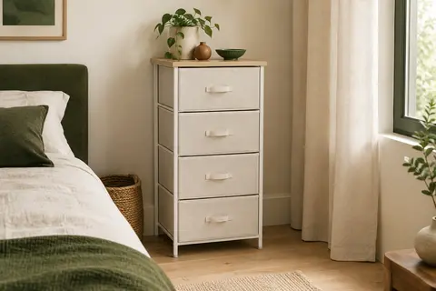 Commode blanche Somdot à quatre tiroirs en tissu, posée dans une chambre claire au décor sobre.