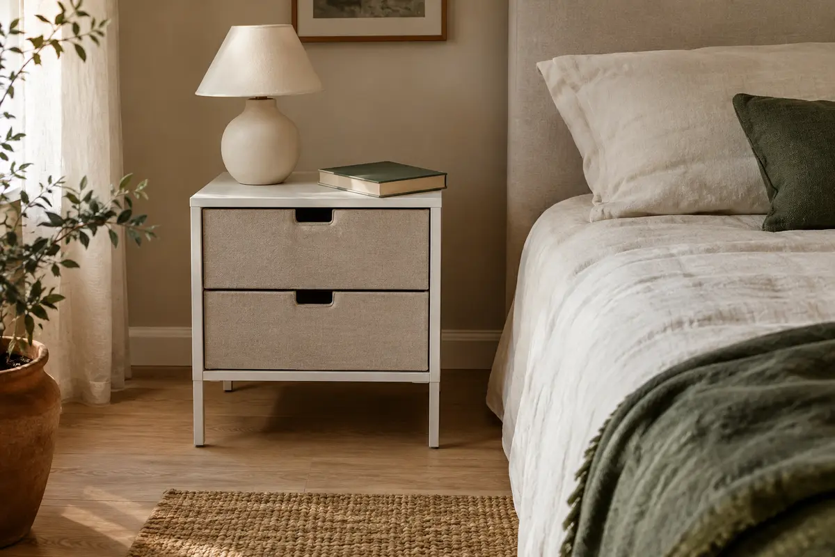 Table de chevet blanche Somdot à deux tiroirs en tissu, avec cadre métallique, près d’un lit habillé de lin.