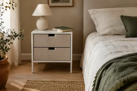 Table de chevet blanche Somdot à deux tiroirs en tissu, avec cadre métallique, près d’un lit habillé de lin.