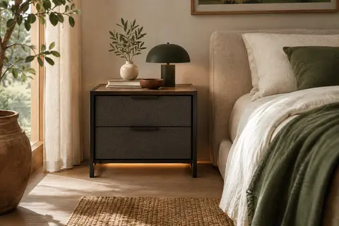 Table de chevet noire Somdot avec plateau rectangulaire, cadre métallique, tiroirs en tissu et éclairage LED.