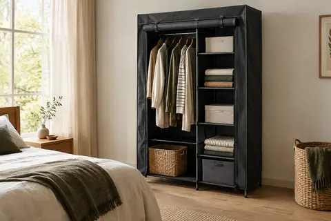 Armoire de rangement noire en tissu avec tringle et compartiments, installée dans une chambre lumineuse