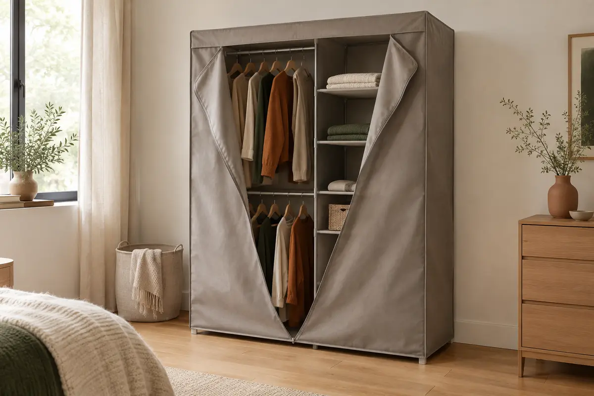 Armoire SONGMICS en tissu gris tourterelle avec deux tringles et des étagères, dans une chambre lumineuse.