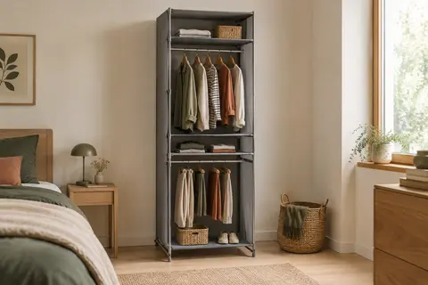 Armoire penderie grise ouverte avec deux tringles et deux étagères, installée dans une chambre lumineuse