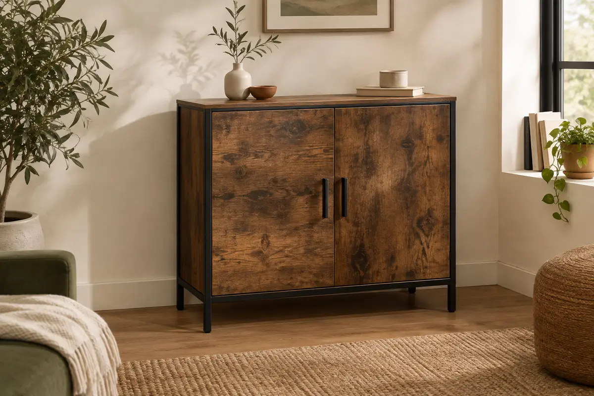 Buffet compact à deux portes, cadre en acier noir et panneaux marron rustique, dans un intérieur lumineux.