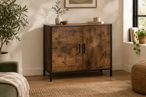 Buffet compact à deux portes, cadre en acier noir et panneaux marron rustique, dans un intérieur lumineux.