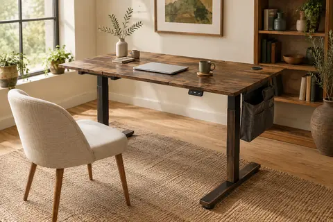 Bureau électrique SONGMICS marron rustique avec piètement en acier, pochette de rangement et passe-câbles
