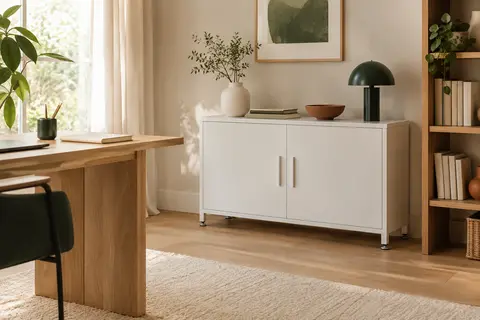 Caisson de bureau en acier blanc mat à deux portes, installé dans un bureau chaleureux au mobilier en bois clair.