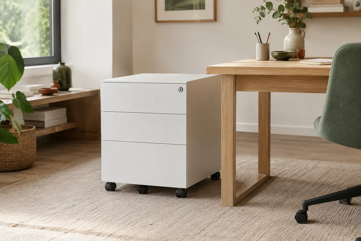 Caisson de bureau SONGMICS blanc mat à trois tiroirs verrouillables, monté sur roulettes près d’un bureau en bois clair