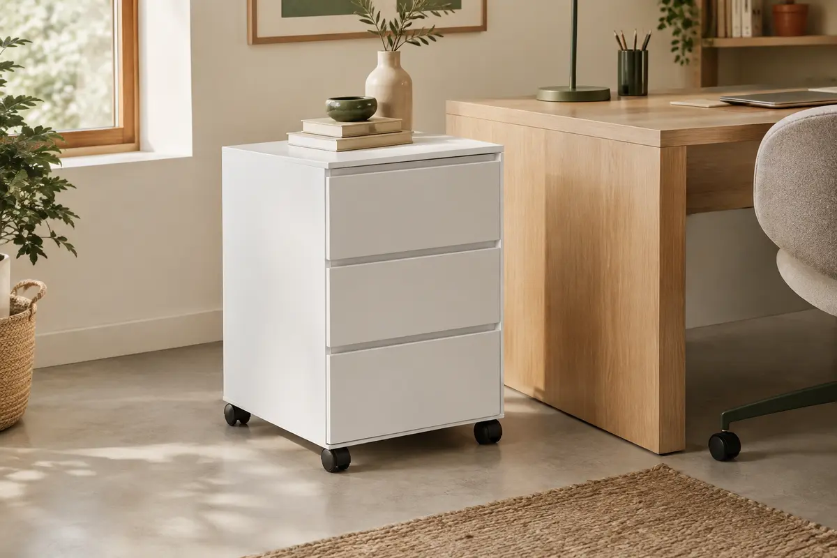 Caisson de bureau blanc mat à trois tiroirs et roulettes, placé près d’un bureau en bois clair.