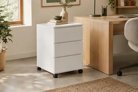 Caisson de bureau blanc mat à trois tiroirs et roulettes, placé près d’un bureau en bois clair.
