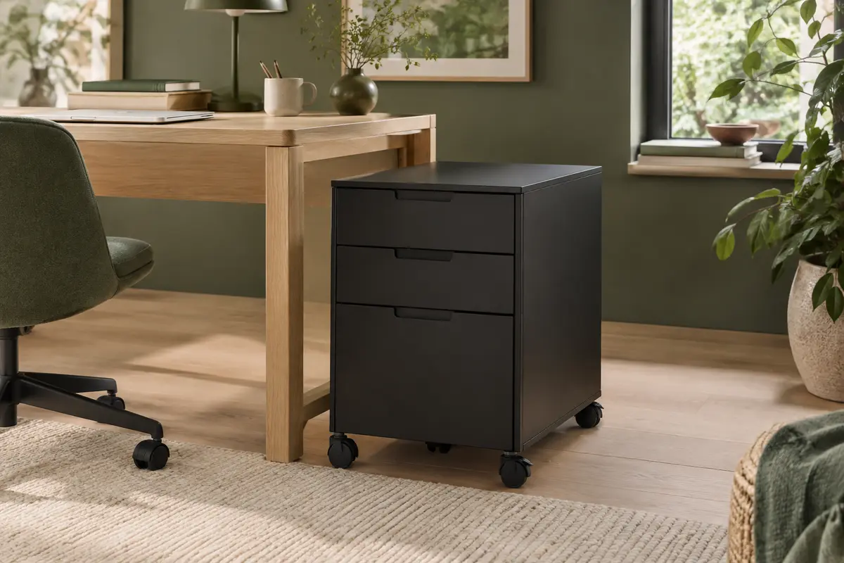 Caisson de bureau noir mat en acier à trois tiroirs, installé sur roulettes près d’un bureau en bois clair.