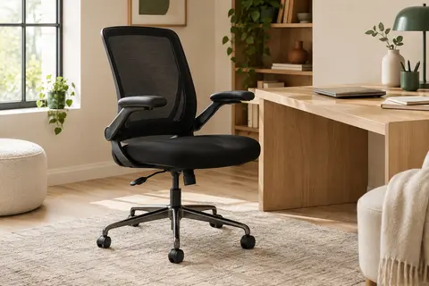 Chaise de bureau noire en maille avec assise rembourrée et accoudoirs relevables.