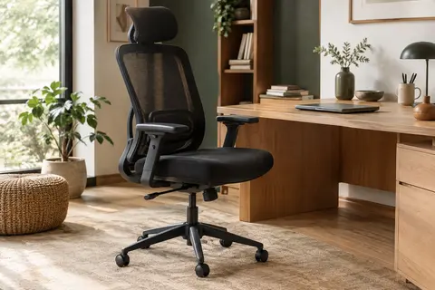 Chaise de bureau SONGMICS noire en maille, avec dossier inclinable et appui-tête réglable dans un bureau chaleureux.