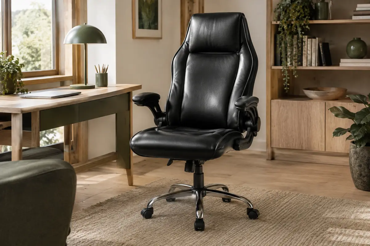 Fauteuil de bureau SONGMICS noir en simili cuir, avec appui-tête et accoudoirs pliables