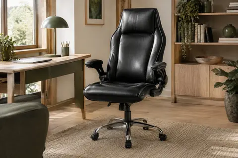 Fauteuil de bureau SONGMICS noir en simili cuir, avec appui-tête et accoudoirs pliables