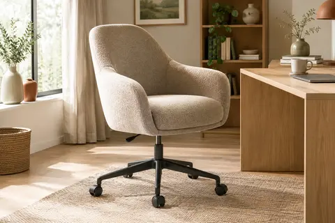 Chaise de bureau pivotante beige et crème, avec dossier incurvé, accoudoirs arrondis et roulettes.